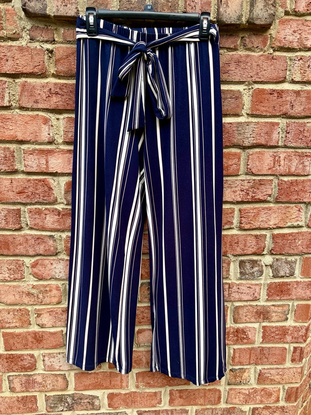 Maxine Nichols Navy, Tan & White Striped Wide-Leg Tie-Waist Pants